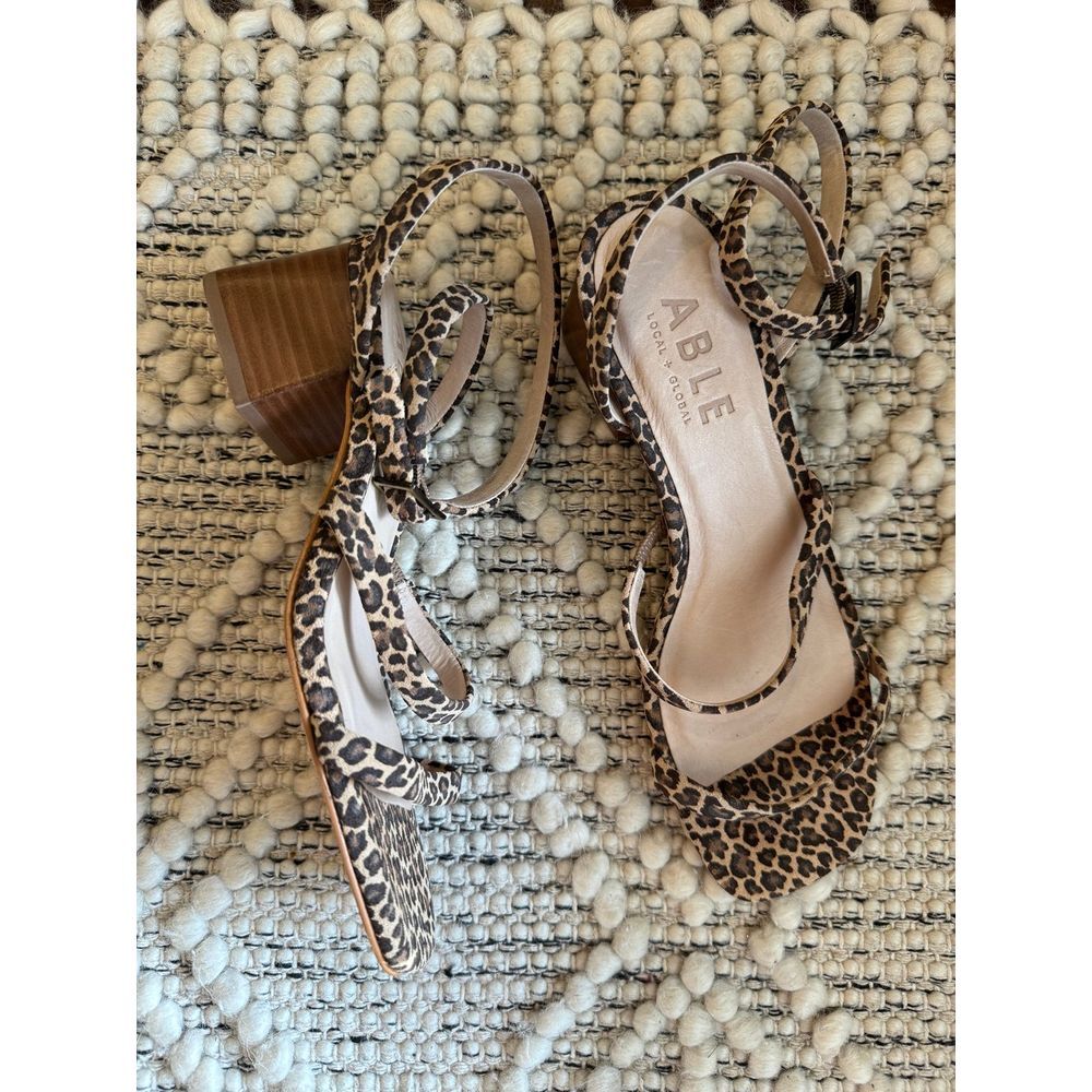 Handmade Able Scilia Block Heel Sandals in Size 6, Leopard Suede,genuine leather